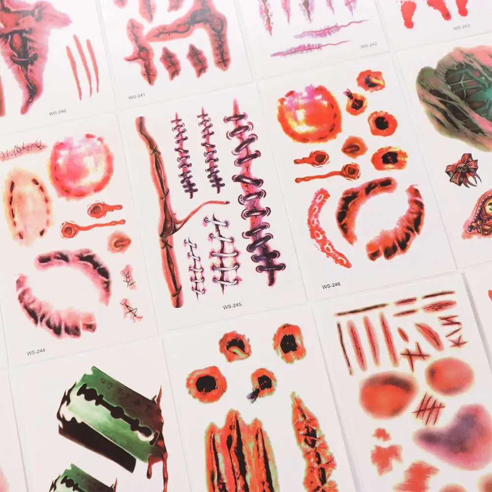 30Sheets Big Mouth Halloween Tattoo Stickers Waterproof Zombie Scar Tattoo Eye Decals Bloody Makeup Body Art Stickers Halloween