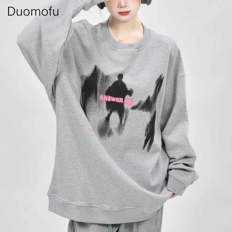 Duomofu Y2k Aesthetic Graphic Grey Sweatshirts Women Korean Style White Long Sleeve Pullover Harajuku Streetwear Oversize Tops