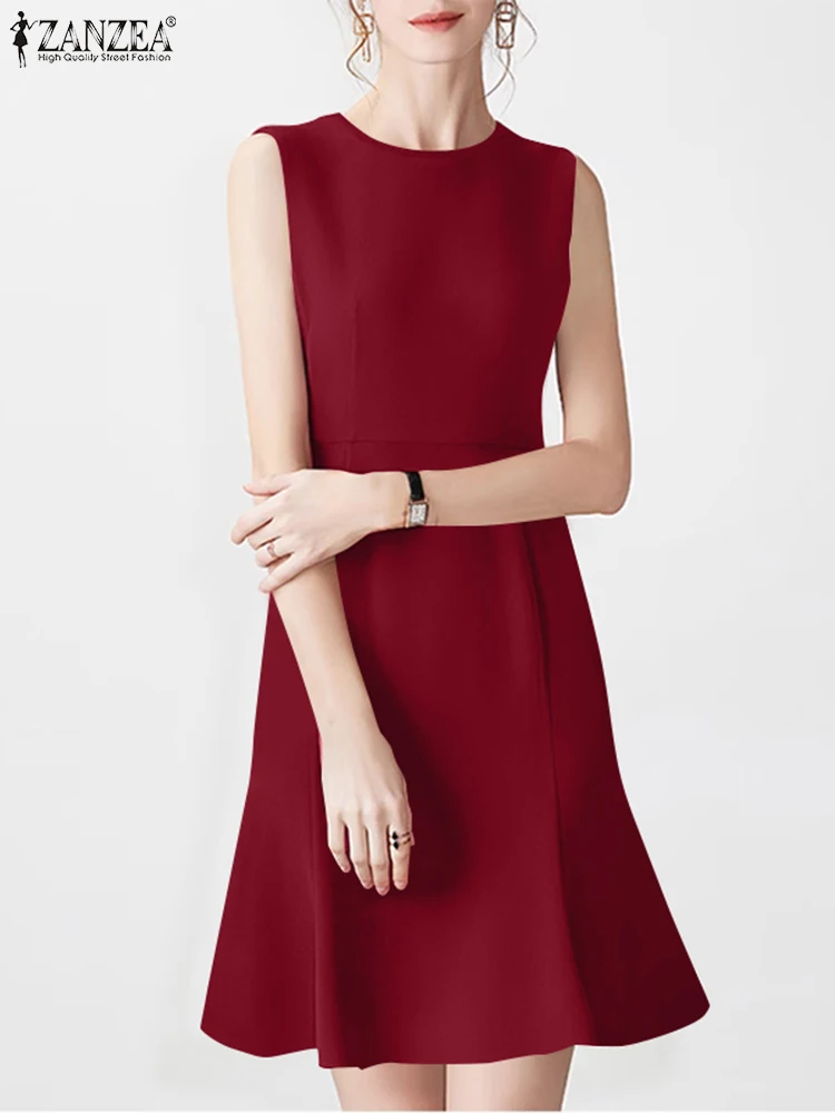 

ZANZEA Sleeveless Waisted Knee-length Dress Casual Solid Women 2024 Summer Tank Dresses Elegant O Neck Ruffled Party Vestidos
