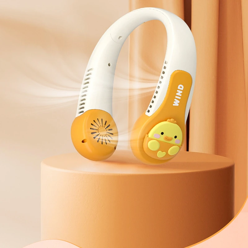 

1200mAh Cartoon Kids Fan Mini Neck Fan Portable Bladeless Hanging Neck Rechargeable Air Cooler 3 Speed Mini Summer Sports Fans