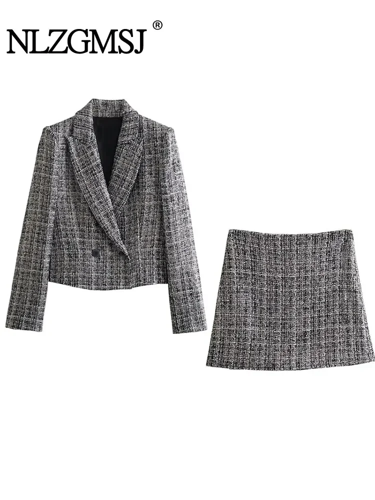 

Nlzgmsj TRAF 2024 Elegant Women Plaid Tweed Blazer Suits Winter Long Sleeve Short Coat Female Crop Top Shorts Skirts Sets Y2K