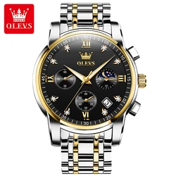 OLEVS Luxury Men's Quartz Chronograph Watch - Stainless Steel, Waterproof, Luminous, with Auto Date & Moon Phase (Gold Black)