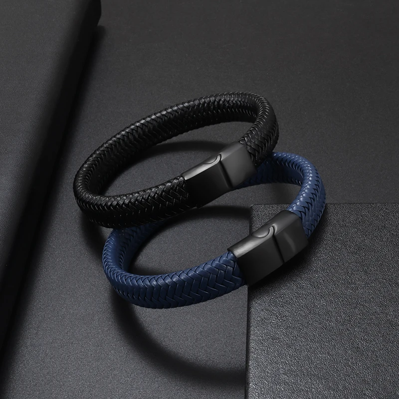 Leather Braided Bracelet Single Metal Magnetic Clasp Mens Unisex Charm Party Jewelry Gift
