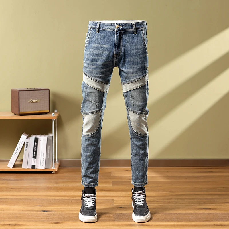 

New light luxury high end fashion brand MEN'S jeans spliced with patch slim fit straight tube embroidery personalized denim pant