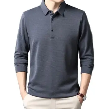 SHiONFA T-shirt da uomo a maniche lunghe waffle tinta unita elasticità per il tempo libero abbigliamento autunnale comodo colletto rovesciato polo casual 4XL
