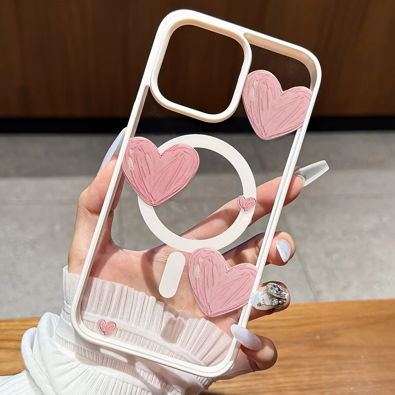 Hand-Painted Pink Heart Magnetic Phone Case with Bumper Cover
