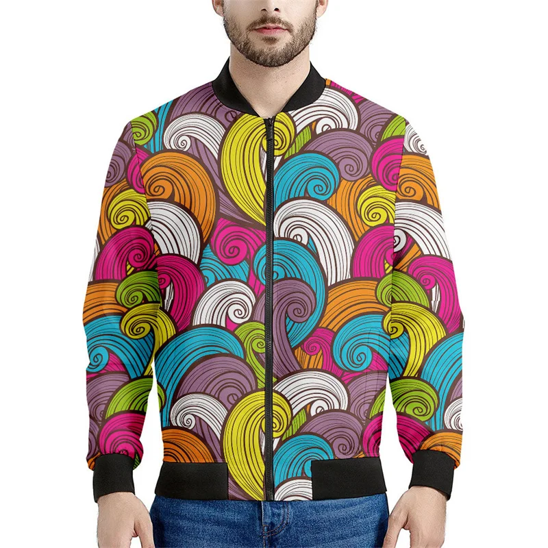 Chaqueta con cremallera con estampado de olas del océano vintage para hombre, chaqueta holgada informal de manga larga con estampado 3D de autobús de la paz y plumas, abrigo de calle