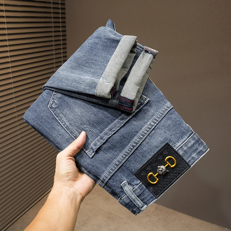 2024 New light luxury MEN'S jeans fashion splicing patch slim heavy embroidery plump handsome personality casual street denim