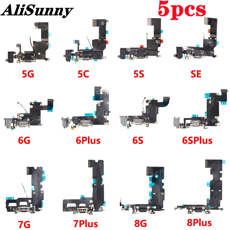 AliSunny 5pcs 충전 포트 플렉스 케이블 iPhone X XR XS 5 5S 5C SE 6 6S 7 8 Plus 충전기 독 커넥터 USB 수리 부품