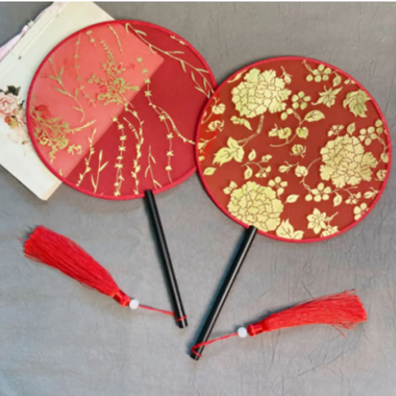 Chinese Wedding Style Polygon Group Fan Lady Dancing Embroidery Hand Tassel Vintage Pattern Cosplay Art Craft Gift Party Decor