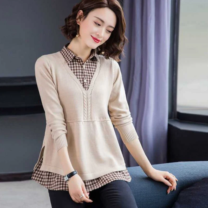 

Plaid Patchwork Sweater Women Casual Loose Fake Two Piece Knit Tops Spring Fall Lapel Pullover Korean Mom Knitwear Jumper Pulls
