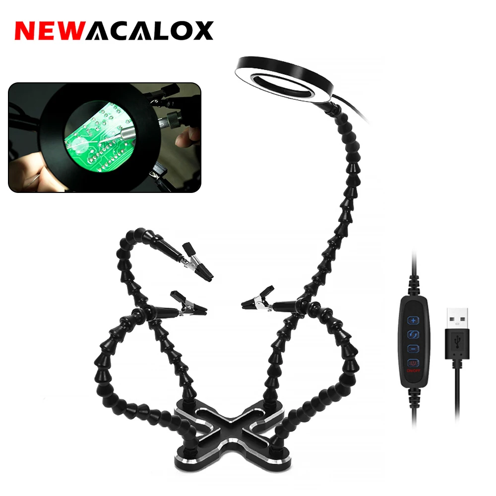 NEWACALOX USB LED 3X Glasses Magnifier Lamp DIY Soldering Third Hand 4pc Flexible Arms Welding Helping Stand Repair Holder Tool