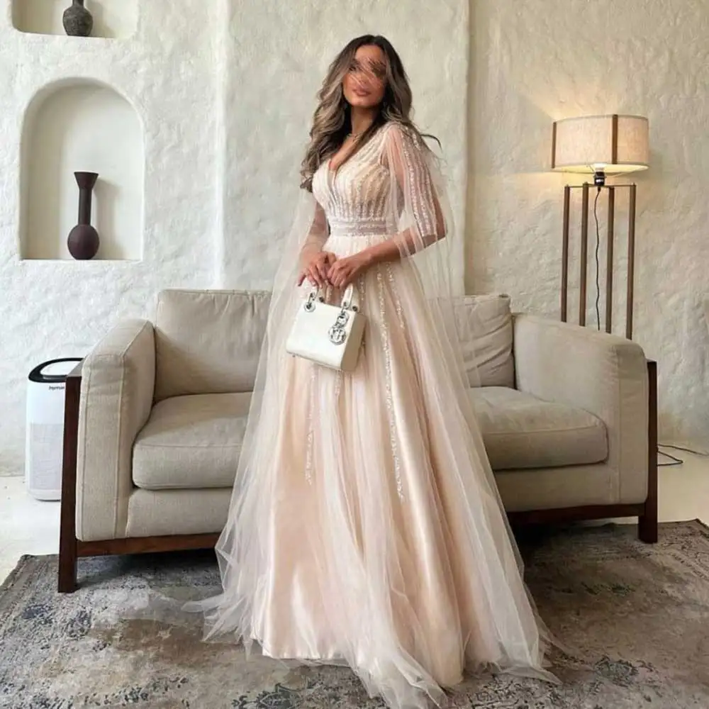 

Noble Tulle Prom Dress Deep V-Neck Shawl Pleated Lace A-Line Saudi Arabian Women's Floor Length Back Zipper Party Evening Gown