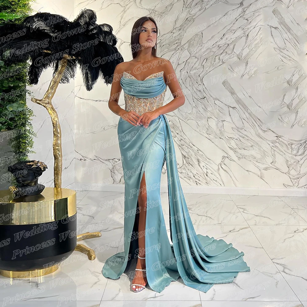 

Satin Prom Dresses Side Train Sweetheart Glitter Bead Pleat Front Slit Formal Evening Party Gown For Woman Vestido De Fiesta