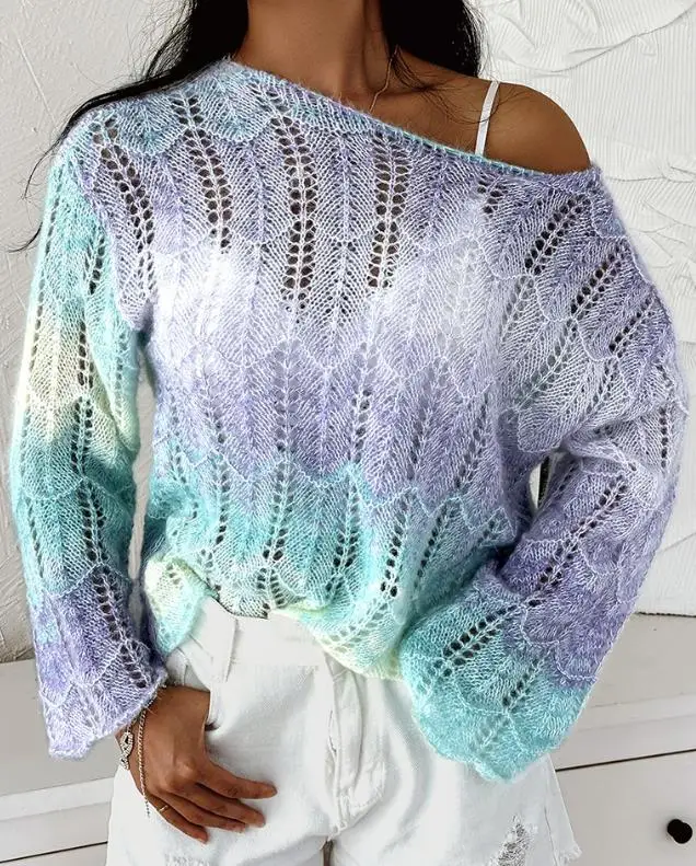 

Jumper Tops Female 2023 Autumn Casual Long Sleeve Ombre Hollow Out Skew Neck Knit Sweater Fashion Basics Pullover Y2K Clothing