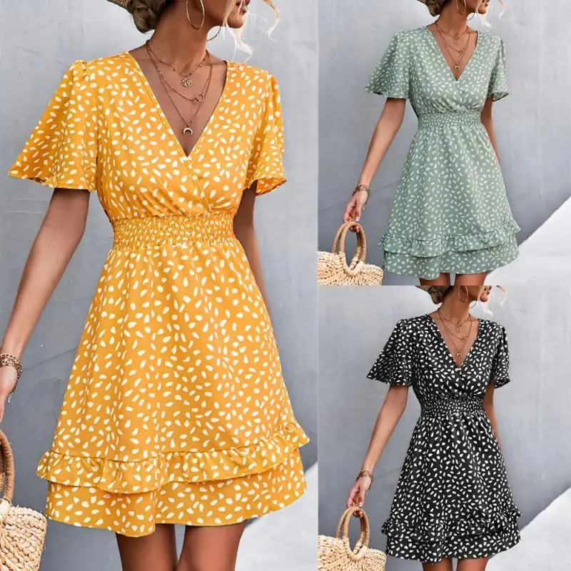 

New Summer Women Polka Dot Print Mini Dress V-Neck Ruffle Sleeve Pullover Fashion Elegant Dress Casual Boho Vacation Beach Skirt