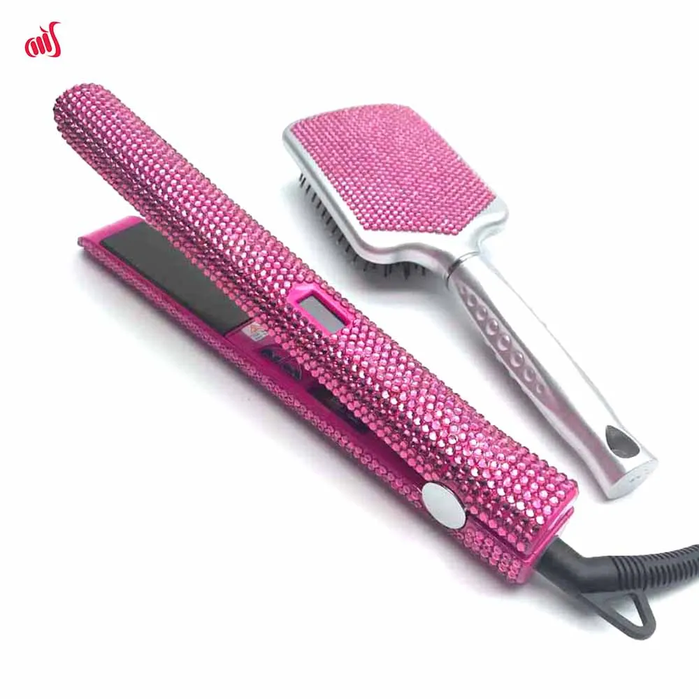 Straightener Iron & Paddle Brush Set Rhinestone Flat Iron& Massage Brush Kit planchas para el cabello& Cepillo Set 4