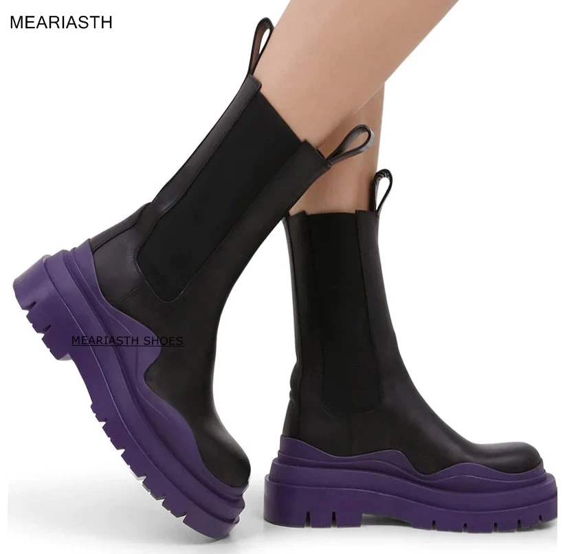 

Luxury British Style Mid Calf Chelsea Boots For Women High Quality Flat Platform Shoes Ladies Black Genuine Leather Ankle Boots