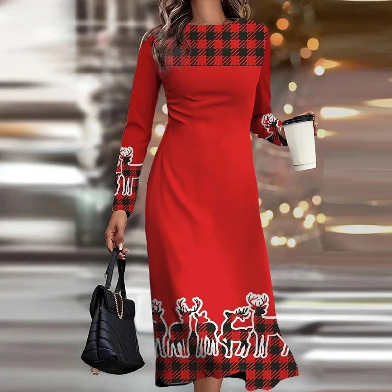 

New Winter Christmas 3D Printed Party Dress Casual O-Neck Long Sleeve Straight Dress Elegant Ladies High Waist Slim Maxi Dress