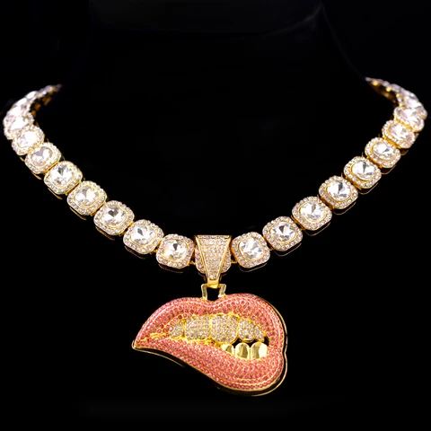 Hop Bite Lip Shape Full Rhinestones Cuban Chain Necklace for Men Women Iced Out Zircon Tennis Chain Necklace Punk Jewelry