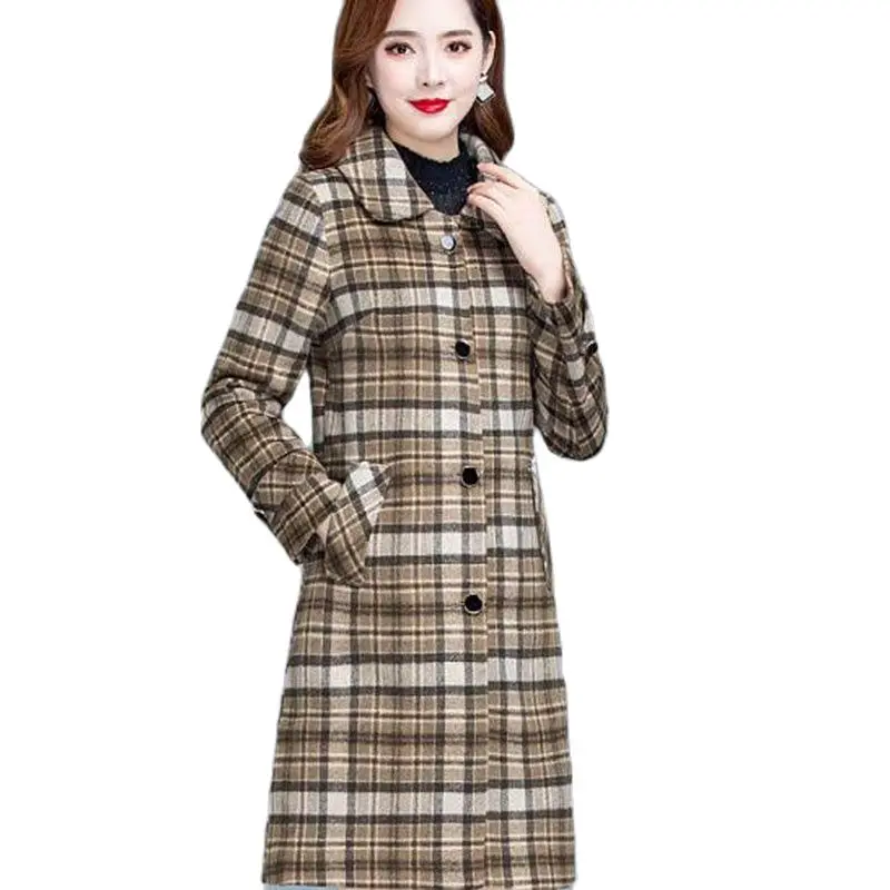 

2022 New Female Woolen Coat Thicken Windbreaker Medium Long Autumn Winter Lattice Outcoat Slim Fit Woolen Jacket Women's Tops