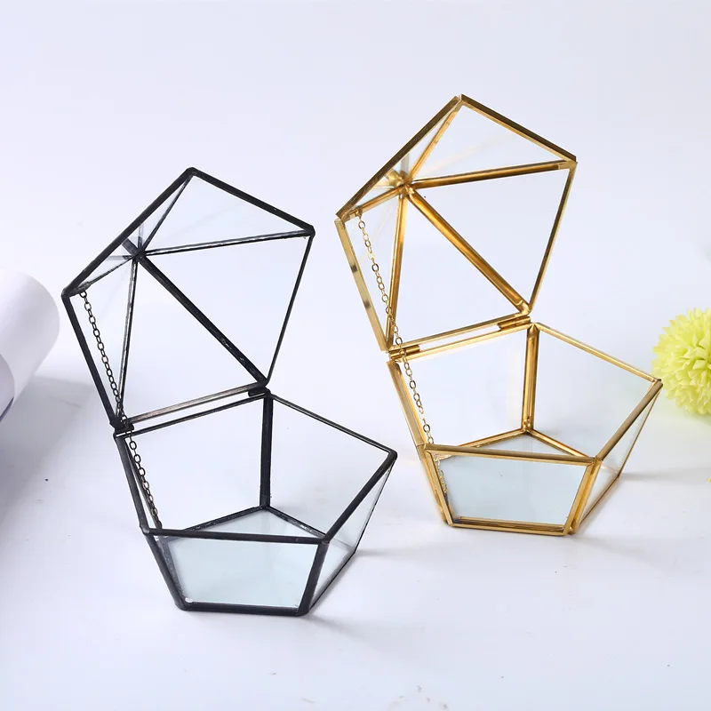 

Geometric Clear Glass Jewelry Box Containe Hexagon Transparent Ring Wedding