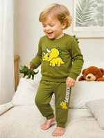 Boys' long-sleeved sweater and pants set, round-neck, pure cotton, domineering dinosaur design, casual pullover sweater set