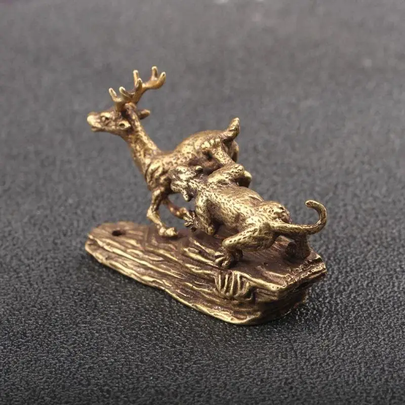 Pure Copper Tiger King Catching Deer Statue Small Ornament Antique Bronze Animal Miniature Figurines Home Desk Decorations Craft