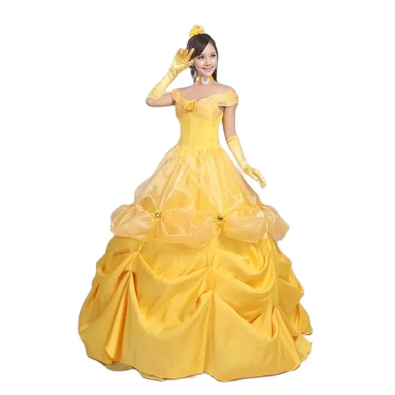 

Belle Golden Fashion Costume Adult Princess Dresses Club Halloween Women Girl Party Cosplay Dress Costom Made
