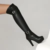 Double Row Metal Belt Buckle Side Zipper Round Toe Platform Ultra-High Thick Heel Over The Knee High Boots New Long Boots
