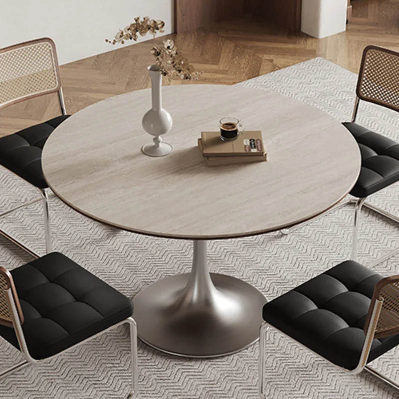 Durable Rock Slab Dining Tables with Stainless Steel Base Modern Round Dining Room Kitchen Table Simple Restaurant Dinner Table
