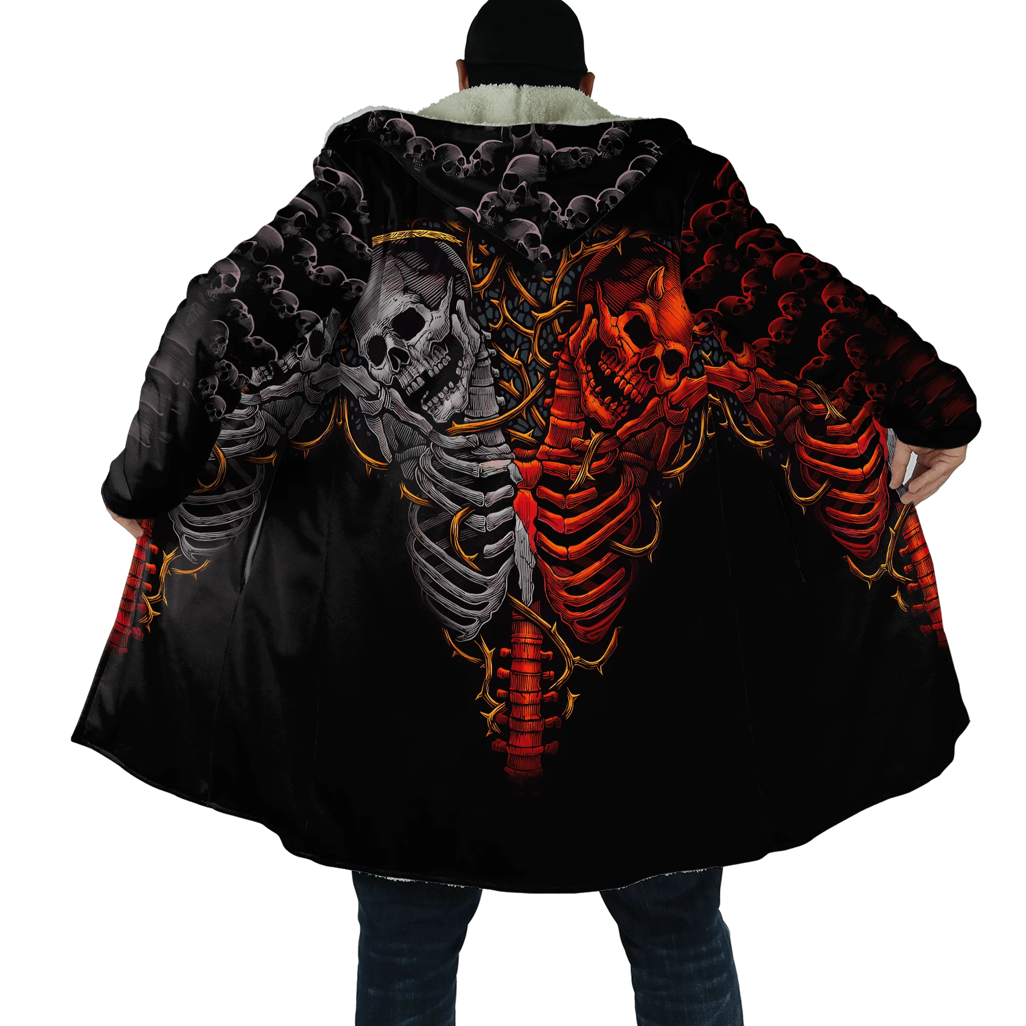 PLstar Cosmos Herren-Umhang, Totenkopf, Teufel, Tattoo, 3D-Allover-bedruckter Fleece-Kapuzenumhang, Unisex, lässig, dick, warm, Umhang, Mantel PF71 – Detail 34