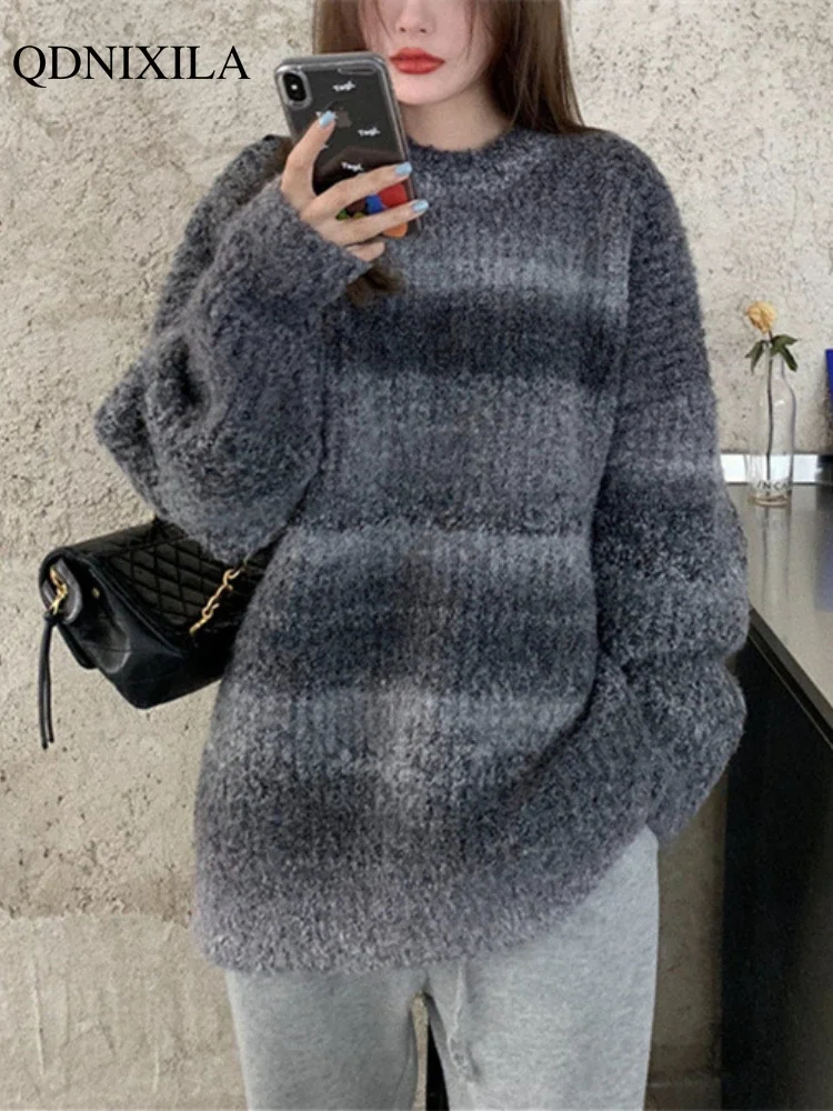 

Korean Autumn and Winter Women's Sweater Gradient Color Loose Outerwear Vintage Knitwears Fashion New Knit O-neck Pullovers Top