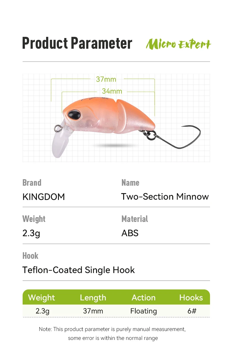 Kingdom Floating Minnow Angelköder Micro Expert 2,3 g 37 mm Doppelgelenk-Topeater-Köder Künstliche harte Angelköder Forellenbarsch – Detail 6