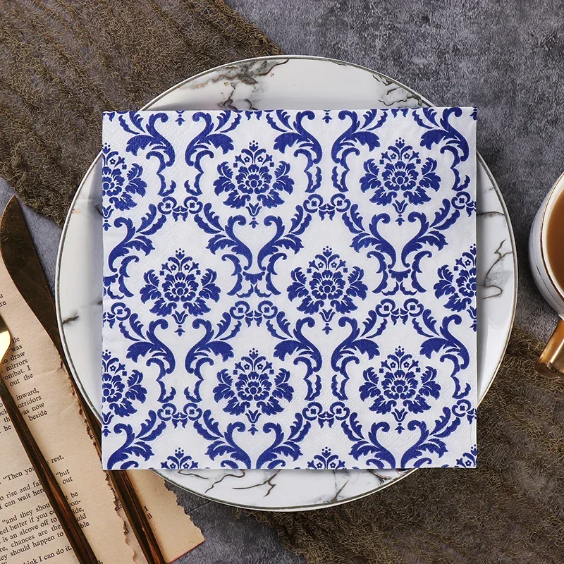 Chinese Elements Blue Gold Silver Flower Pattern Celadon Napkin Paper Tissue Pure Wood Pulp Paper Party Mouth Cloth 20pcs/Pac paper napkins