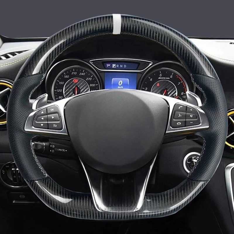 

Car Steering Wheel Cover Non-Slip Black Carbon Fiber Leather For Mercedes Benz S-Class S500 2016 A-Class AMG A45 2016-2019