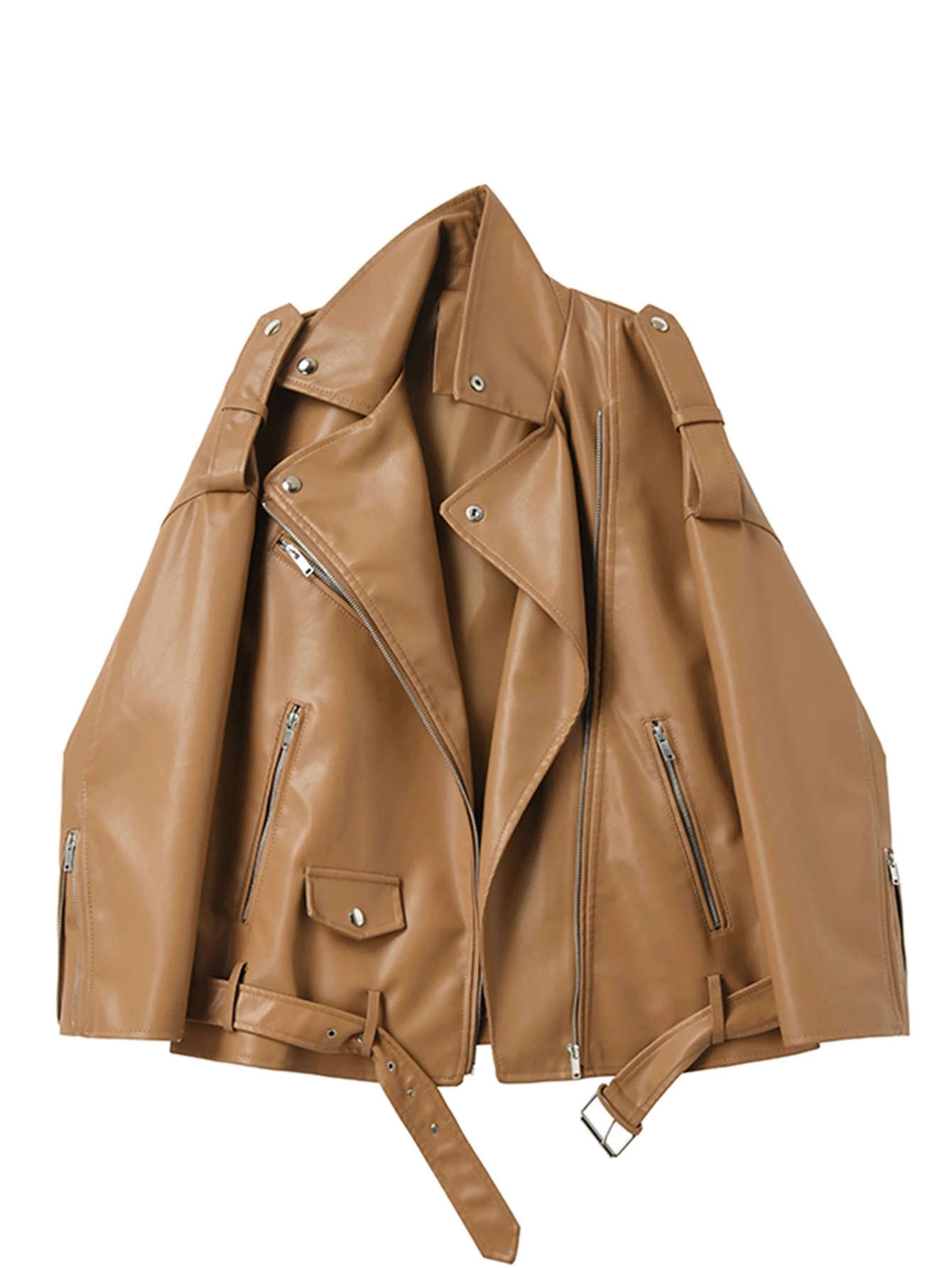 ג'קט עור פאו שחור עם חגורה לנשים מבית Ailegogo, מתאים לאופנועים ולרוכבים, עם רוכסן, לעונות האביב והסתיו