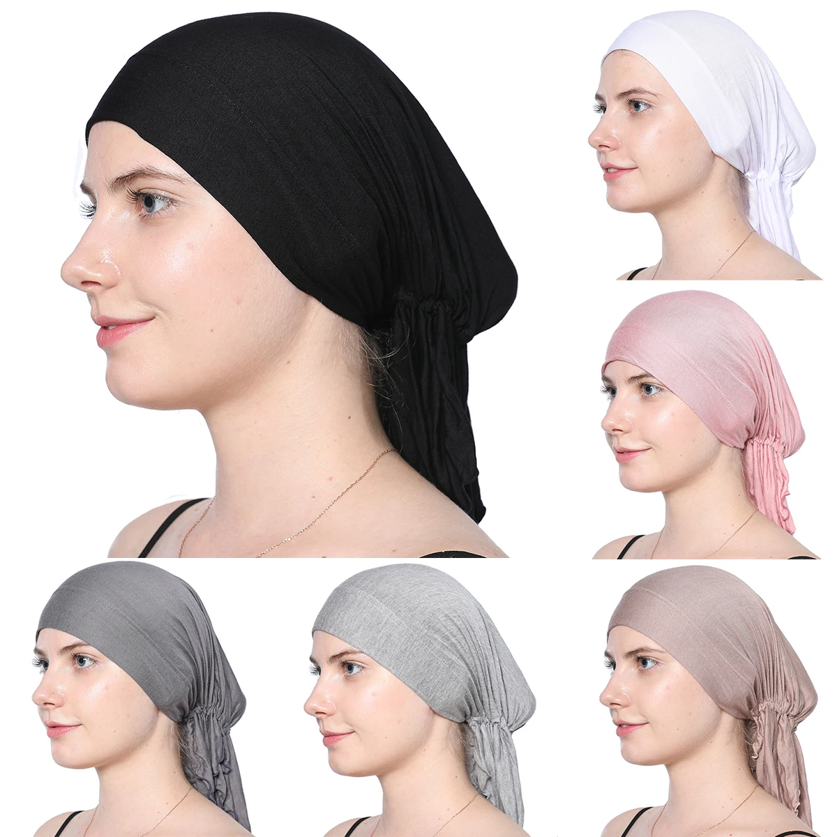  - Elastic Ruched Caps Stretch Mercerized Cotton Inner Hijab For Muslim Woman Plain Hijab Undercap Casual Ladies Bonnet One Size
