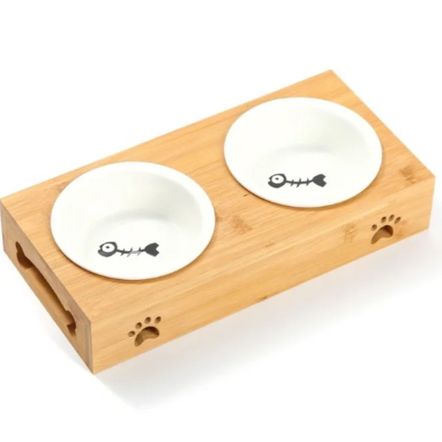 고양이 Pet Dog Cat Ceramic Bowl Bamboo Wooden Table Into A Kitten Skid Resistant Double Bowl Small Dog Food Bowl 강아지밥그릇 고양이 Pet Dog Cat Ceramic Bowl Bamboo Wooden Table Into A Kitten Skid Resistant Double Bowl Small Dog Food Bowl 강아지밥그릇