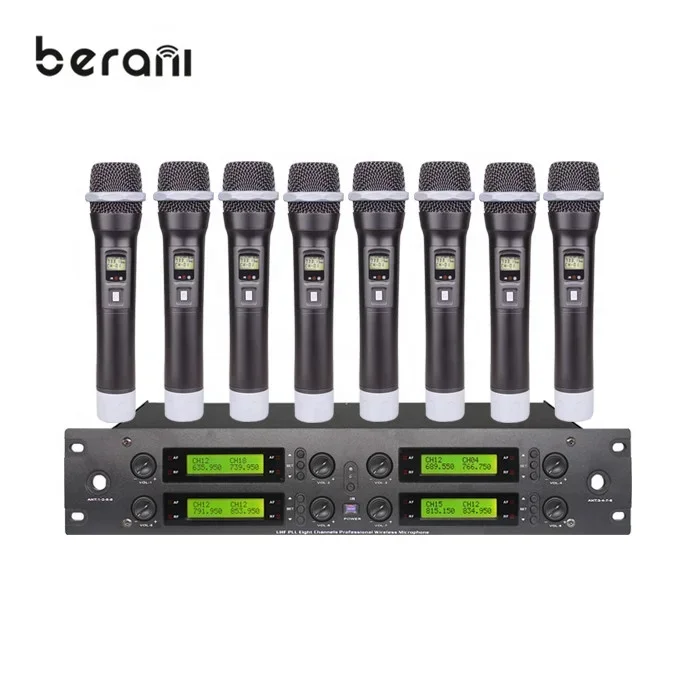 UHF 구매 무선 마이크, 8 채널 FM, LED 조명, 노래용 무선 마이크, DC 13.8V 1500ma, 공장 도매