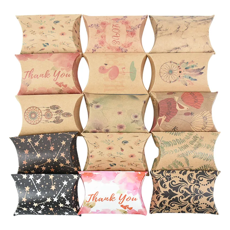 10-50Pcs Candy Box Kraft Paper Pillow Gift Boxes Wedding Party Favors Bags Decor 