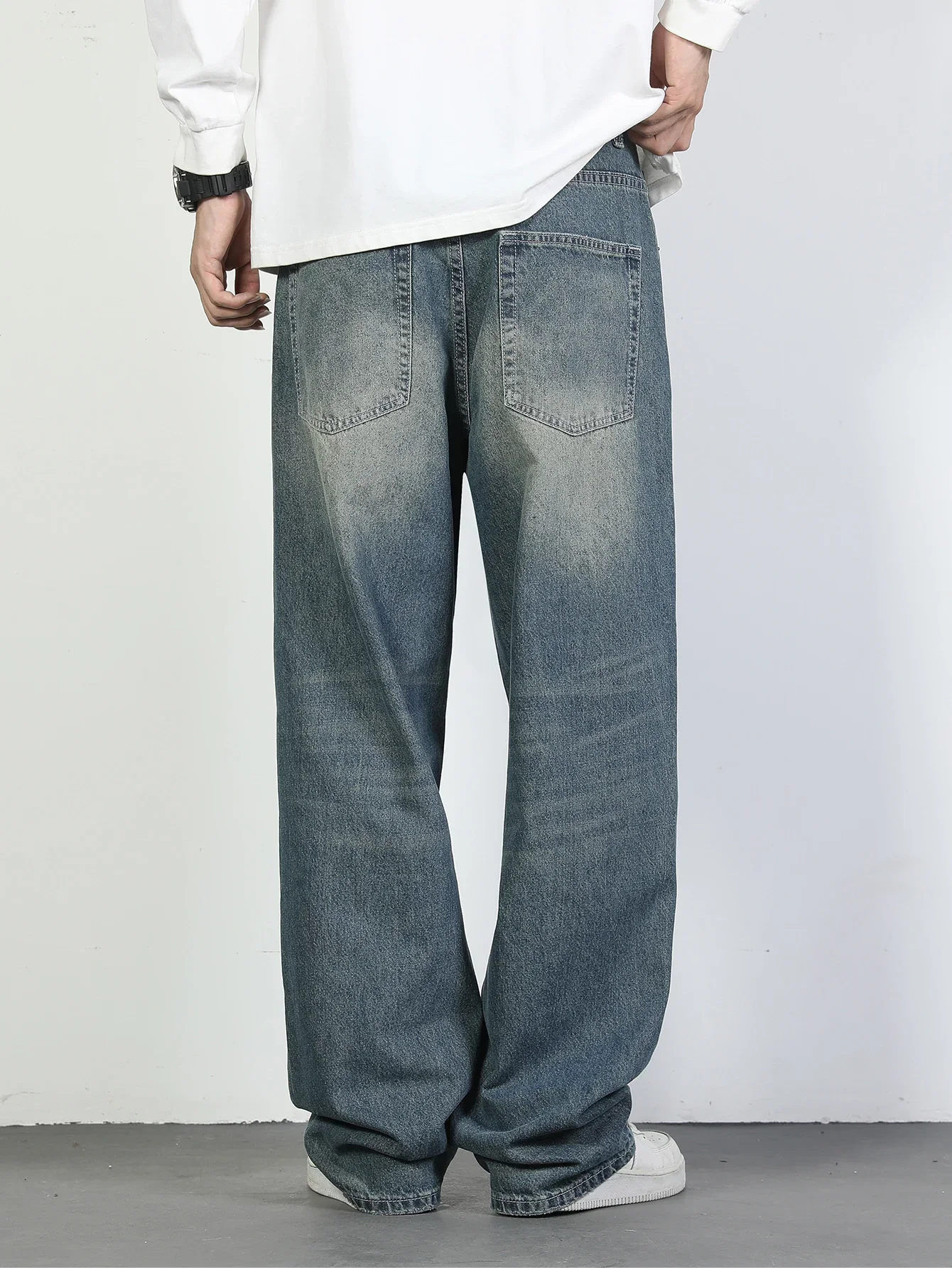 

Men's Wide-Leg Loose-Fit Relaxed Non-Stretch Cotton Fashion Causal Denim Pants Jeans with Star Color Block