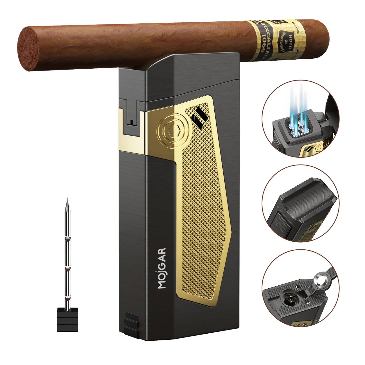 All-in-one Cigar Lighter with Quad Jet Torch Flames Cigar Stand Punch Draw Enhancer Accessories 4-in-1