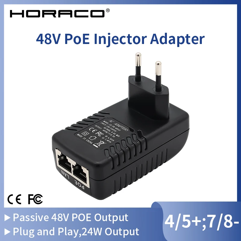 HORACO Passive POE Injector 48V 0.5A 24W 100Mbps EU Plug For CCTV