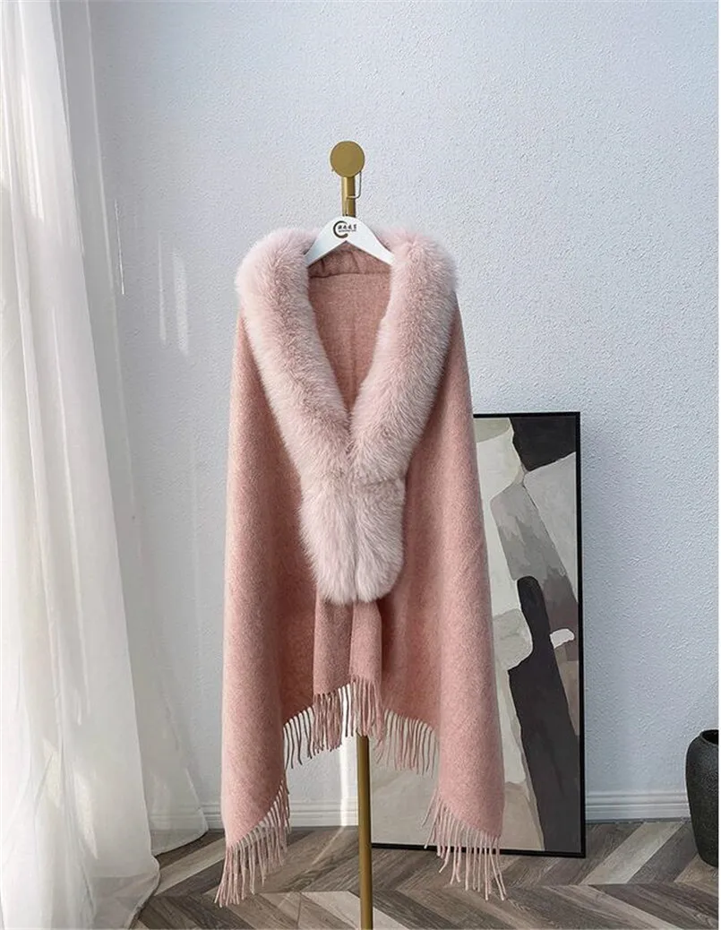 Neue Winter Mode Frauen Wolle Ponchos Mantel mit Echt Fox Pelz Trim Weibliche Mäntel Warme Schal Schal Wraps – Detail 21