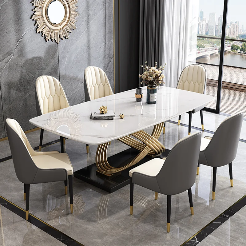 Modern Unique Design Stainless Steel Dining Tables and Chairs Marble Rectangular Modern Dining Table Set