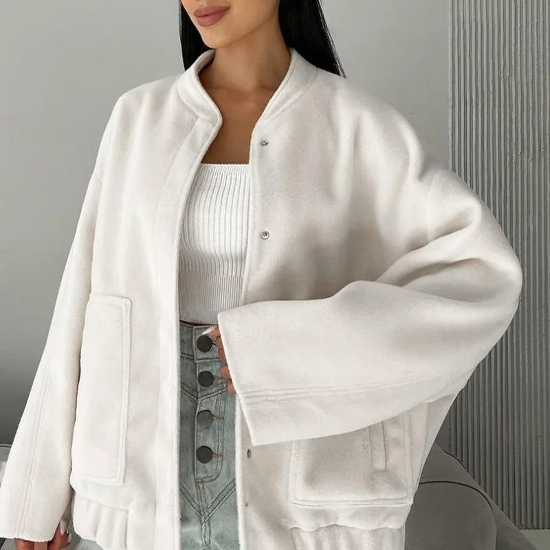 2023 Autumn and Winter Women's Solid Stand Collar Long Sleeve Loose Single Treated Coat Pockets Fashion Casual Office Lady Tops