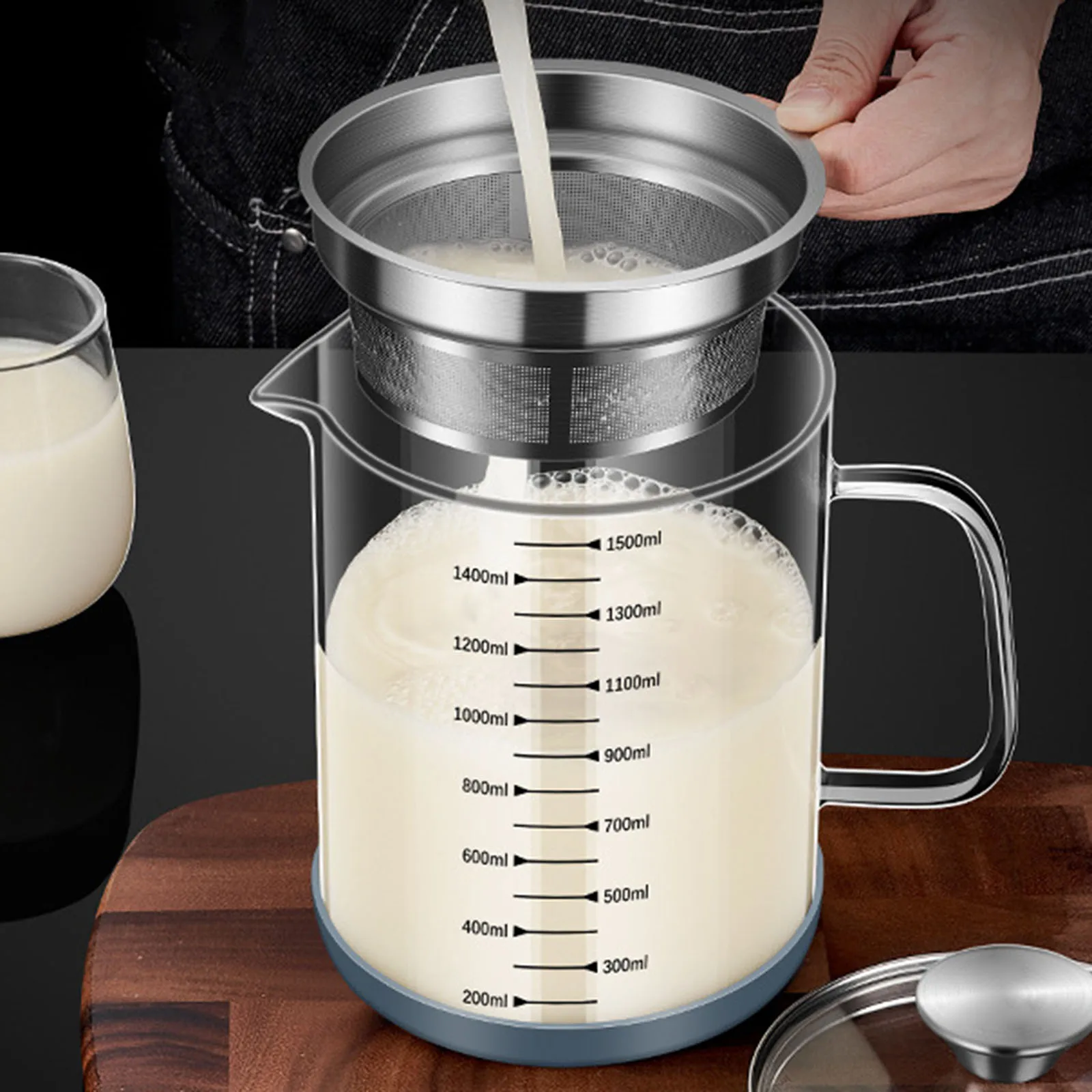 مصفاة طعام زجاجية بمقياس ، وعاء فلتر الزيت ، حليب الصويا وحاوية الزبادي ، 1 لتر ، 1.5L