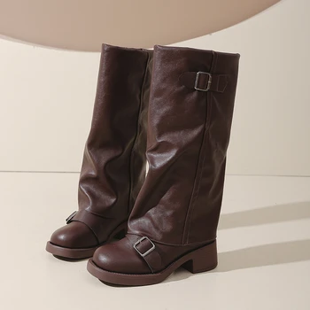 Vintage Thick Heel Women Knee High Boots Fashion Ladies Belt Buckle Knight Long Booties Botas De Inverno Feminina 1