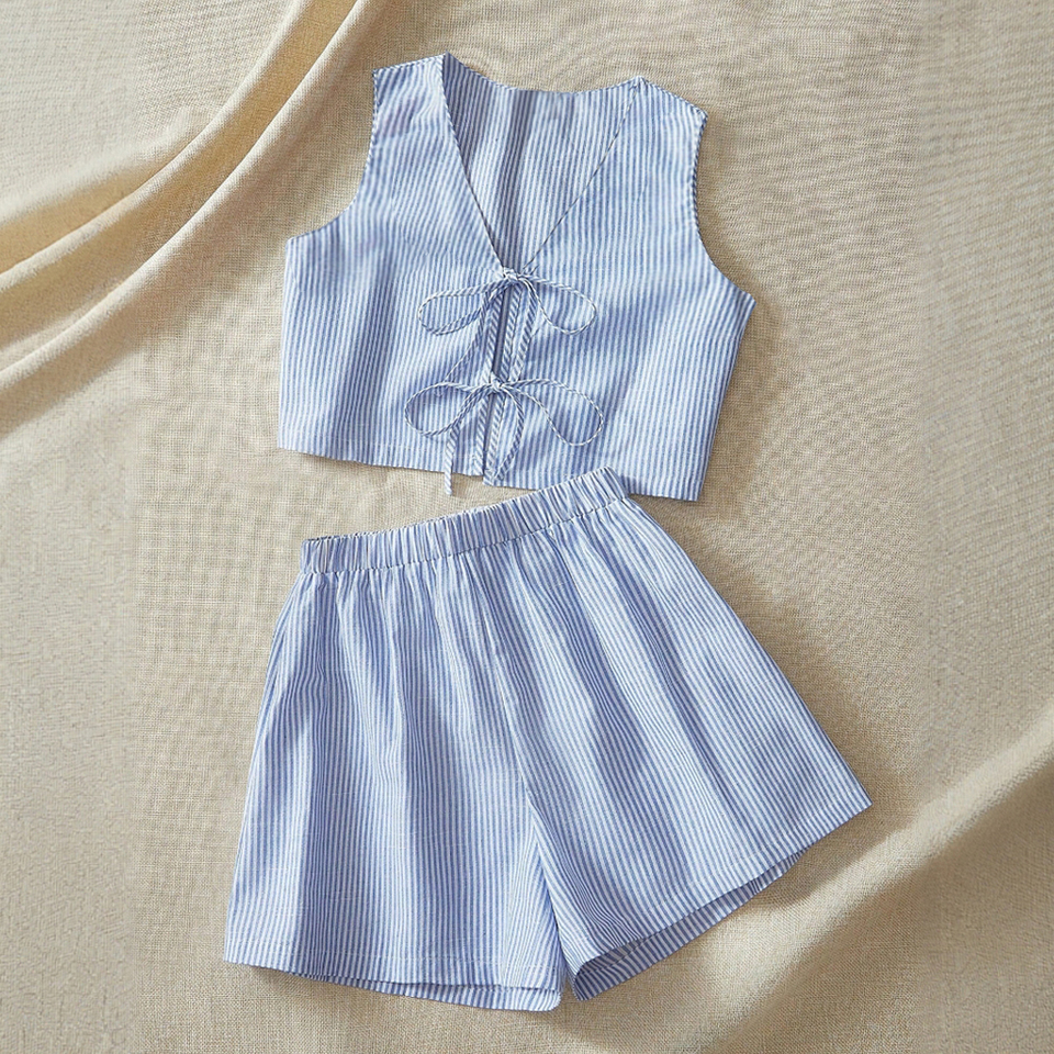 Sets Summer Comfortable Basic 2025 Stripes V-Neck Sleeveless Lace-Up Cropped Top A-Line Shorts Casual Basics Sets